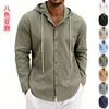 Camisa hawaiana casual de lino para hombre, de manga larga con capucha, holgada, a la moda, estilo americano, para cuatro estaciones, transfronteriza de Amazon