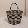 Bolso Cubo de Paja Cuadros Blanco y Negro Advanced Sense Bolso de Paja Nuevo de Mano Bolso Tejido Bolso de Playa para Vacaciones Bolso para Mujer Versátil