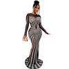 C6198 AliExpress Amazon Vestido de manga larga con diamantes de imitación transparentes de malla de color liso para mujer, moda europea y americana