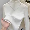 Tejido de hilo de núcleo, cuello semi-alto, ribete con volantes, top de punto básico para mujer, corte ajustado, elegante y favorecedor, manga larga