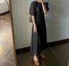Vestido de Verão Doce para Praia Estrangeiro Coreano-Japonês Cor Sólida Vestido Longo Manga Curta Gola Redonda Vestido Casual