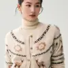 Cárdigan jacquard de reno vintage de cachemira para mujer, suéter bordado de cuello redondo para otoño e invierno, prenda exterior tejida suave y acogedora