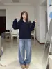 Jaqueta corta-vento curta azul marinho para mulheres, cardigã com capuz estilo coreano para o início do outono, blusa de primavera com ombro normal