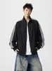 Chaqueta de Hombre con Cuello Alto a Rayas Retro Americana Otoño Deconstruida Parche de Canalé Cleanfit Chaqueta de Trabajo Tendencia Ins