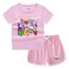 Conjunto de Camiseta e Shorts de Gola Redonda de Verão 2026 para Crianças Estilo Coreano Casual Absorvente de Suor Cor Doce Conjunto de Moletom para Crianças Pequenas