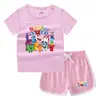 Conjunto de Camiseta e Shorts de Gola Redonda de Verão 2026 para Crianças Estilo Coreano Casual Absorvente de Suor Cor Doce Conjunto de Moletom para Crianças Pequenas