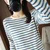 Blusa de tricô de algodão puro para outono e inverno, gola redonda, listrada, barra enrolada, para mulheres, camiseta de manga longa 100% algodão, blusa base de caimento solto