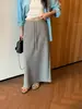 Saia Longa de Malha Cinza Feminina Outono Inverno Cordão Cintura Alta Reta Fenda Linha A Quadril Saia Longa Super Bonita