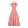YPFF Moda Feminina Nova Gola Quadrada Francesa Ombreira Manga Curta Vestido Longo Puro Spice Girl Estilo Elegante Grande Vestido Swing
