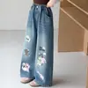 Jeans para Niñas de Primavera y Otoño Nueva Moda Versátiles de Pierna Recta Pierna Ancha Pantalones para Niños Medianos y Grandes Pantalones Estampados Transfronterizos