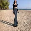 Jeans Retro Micro-lar Estilo Americano Feminino Verão 2024 Novo Cintura Alta Emagrecedor Pequeno Anel de Ferradura Masculino Calças Flare