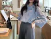 Camisa de Manga Larga con Rayas Verticales en Diagonal y Botones, Diseño Holgado, Estilo de Nicho, para Mujer, Primavera, Commuter