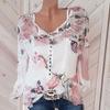Ver! 2019 Amazon ebay Hot Manga Comprida Camisa Impressa Verão V-Neck Botão Top Camisa de Chiffon para Mulheres