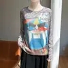 Camiseta básica estampada transfronteriza para mujer, camiseta de manga larga, holgada y favorecedora, tejido ligero de Lyocell, cuello redondo, versátil para primavera y verano
