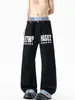 Jeans patchwork de doble cintura estilo americano para mujer y hombre, diseño apilado de alta costura para verano, pantalones de dobladillo curvo con estampado de letras, pantalones de pierna recta