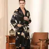 Conjunto de Dos Piezas para Hombre de Seda: Bata de Noche y Pantalón Largo, Pijama Delgado de Manga Larga, Bata de Dragón T811 Talla Grande, Cuello Revuelto, Lujo Ligero