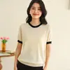 Nova camisa de malha de algodão puro de verão, estilo coreano, gola redonda, color block, manga curta, fina, T-shirt top de caimento solto para mulheres, atacado