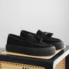 Zapatos Planos Retro Ingleses Punta Redonda Suela Gruesa Mocasines sin Cordones Flecos Costura Zapatos Casuales para Hombre X519