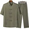 Traje Tang de Manga Corta para Hombres de Mediana Edad y Mayores de Algodón y Lino Verano Abuelo Delgado Traje de Dos Piezas Papá Verano Manga Media Hombres
