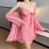Camisola Sexy de Tamanho Grande com Bojo para Mulheres, Camisola de Renda Fina com Alças Finas, Conjunto de Duas Peças, Tule, Estilo Seda Gelada, Verão