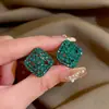 Pendientes Cuadrados Verdes Retro Completamente Incrustados de Diamantes para Mujer, Pendientes Versátiles de Moda, Nuevos Pendientes Elegantes Retro para Sesión de Fotos