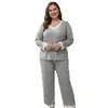 Conjunto de Pijama e Roupa de Casa Outono/Inverno Plus Size de Comércio Exterior com Renda, Decote V Moderno, Algodão Colorido, Conjunto de Duas Peças com Blusa de Manga Longa e Calça Longa
