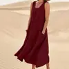 Vestido Casual de Verão Amazon Transfronteiriço Gola Redonda com Bolso Sem Mangas Emagrecedor Feminino de Algodão e Linho Vestido Regata Longo para Mulheres