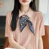 Bufanda de Seda con Cuello Camisero Top de Punto de Manga Corta Camiseta para Mujer Verano Estilo Delgado Alto Grado Delgado Transpirable Camiseta Azul Superior Blusa