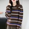 2025 Novo Outono e Inverno Lã Penteada Lapela Tricô Manga Longa Feminino Listrado Bloco de Cores Pulôver Solto Camiseta para Usar por Baixo