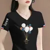 Comercio Exterior Transfronterizo Despacho de Aduana de Comercio Exterior Stock Camiseta de Manga Corta con Cuello en V de Marca Grande para Mujer Verano Holgada Adelgazante Simple Elegante Top