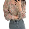 Corea del Sur chic joven chica primavera dulce reductor de edad floral vintage cuello cuadrado manga larga camisa suelta chiffon top
