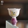 Taza de Té de Cerámica para el Hogar Estilo Japonés Pastel Flor Pintada a Mano Boca de Flor Pie Alto Taza de Maestro Portátil para Juego de Té Kung Fu