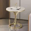 Mesa de centro de losa de roca de lujo ligero con marco de hierro, adecuada para apartamentos pequeños, sala de estar, mesa auxiliar de sofá, estilo minimalista moderno, mesa redonda pequeña para balcón
