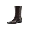 Botas de Couro Integral para Porta-Cigarros Tamanho Grande 40-42 Outono/Inverno 2026 Salto Baixo Robusto Bico Quadrado Couro Genuíno Botas de Puxar Meio da Panturrilha para Mulheres