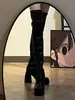 Botas elásticas acima do joelho para mulheres, botas de plataforma impermeáveis, botas finas de sola grossa, botas de couro de salto alto, botas de montaria de cano alto para mulheres