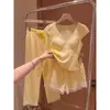 Pijama corto amarillo de encaje para mujer, estilo dulce y femenino, conjunto de shorts para casa, nuevo de verano 2026, tallas grandes