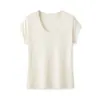 Camiseta de verano de manga corta para mujer hecha de seda de morera y modal, con un cuello ovalado de lana, corte ajustado y un diseño de hombros caídos que estiliza.