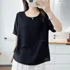 Camiseta de Tencel y Lino para Mujeres de Mediana Edad y Mayores, Cuello Redondo, Manga Corta, Top de Verano Elegante y a la Moda
