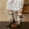 Botines Cortos Patchwork Estilo Melard Otoño 2026 para Mujer, Botas de Mezclilla que Aumentan la Altura, Botines Arrugados Marrones de Tacón Medio