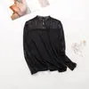 Mulberry Silk Outono Novo Meia Alta Gola Renda Base Camisa Mulheres Exterior Vestindo Manga Longa Estilo Ocidental Seda Top Interno