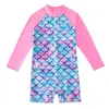 Roupa de banho infantil de manga comprida para meninas, maiô de sereia de peça única, roupa de surf com proteção solar para crianças maiores, moda praia para meninas
