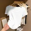 Camiseta de Verano 2026 para Mujer, Ajustada, de Canalé, Cuadrada, Manga Corta, con Efecto de Caída, Talla Grande, Top de Color Sólido