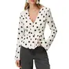 Outono Transfronteiriço Ins Estilo Bolinhas Europeu e Americano Novo Decote V Slim Manga Longa Confortável Casual Tops Básicos Roupas Femininas