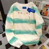 Camiseta de Manga Larga de Algodón Puro Suelta Estilo Coreano para Mujer en Otoño Pesada Versátil Tie-Dye Color Contrastante Tops Perezosos de Pareja