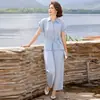 Conjunto de verano para mamá, elegante conjunto de dos piezas de blusa de gasa, nuevo modelo 2026, moderno conjunto de dos piezas con top de manga corta para mujeres de mediana edad y mayores