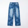 Pantalones vaqueros retro con estampado de mariposas, estilo callejero europeo y americano para mujer, de cintura alta, holgados, con caída, casual, versátiles, de pierna recta