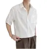 Directamente del fabricante: Camisa de Rayas de Color Sólido para Hombre, Estilo Delgado, Estilo Artístico Perezoso de la Calle Principal, Casual Americano de Gama Alta, Manga de Tres Cuartos