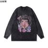 Camiseta de hip hop urbana europea y americana de moda, desgastada y lavada oscura para hombre, talla grande, nueva camiseta holgada de manga larga para mujer.