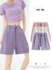 Shorts Esportivos Branco Roxo Feminino Verão Solto plus size Cintura Alta Casual Perna Larga Calças com Tiras Combina com Tudo Roupa de Cima