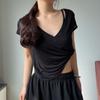 2025 Verano Europeo y Americano Van Lyocell Profundo V Delgada Manga Corta Transparente Camiseta Base Ajustada